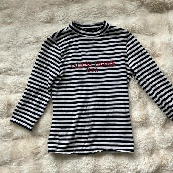 Guess Jeans Black & White Stripped Shirt with 3/4 Length Sleeves - Picture 1 of 4